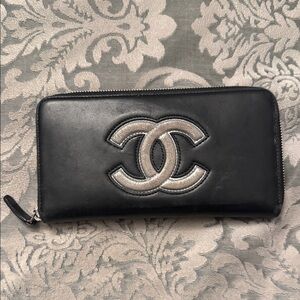 Chanel Black Wallet with Silver Logo Full Zip Around